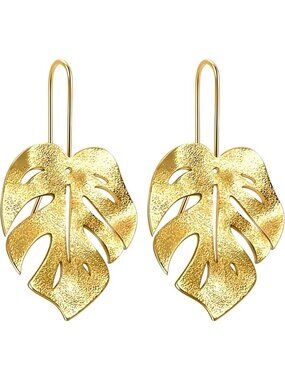 18k Gold Plated Monstera Leaf Earrings - Lightweight Boho Drop Dangles for Women